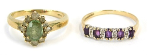 Two 9ct gold dress rings, comprising a peridot and CZ set cluster ring, ring size O&frac12; and an amethyst and CZ set half hoop dress ring, ring size O, 4.6g all in.