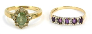 Two 9ct gold dress rings, comprising a peridot and CZ set cluster ring, ring size O&frac12; and an amethyst and CZ set half hoop dress ring, ring size O, 4.6g all in.