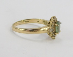 Two 9ct gold dress rings, comprising a peridot and CZ set cluster ring, ring size O&frac12; and an amethyst and CZ set half hoop dress ring, ring size O, 4.6g all in. - 2