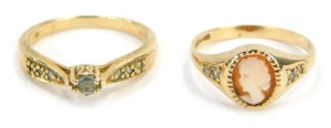Two 9ct gold dress rings, comprising a cameo and CZ dress ring, ring size L&frac12;, and an aquamarine and CZ dress ring, ring size O, 4g all in. (2)