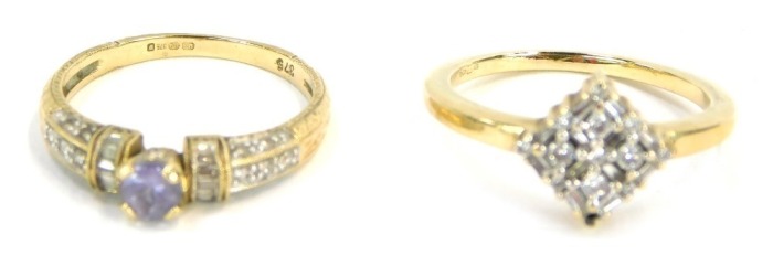 Two 9ct gold dress rings, comprising a CZ pave set dress ring, ring size N and an amethyst and CZ dress ring, ring size N&frac12;, 4.7g all in. (2)