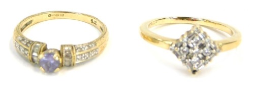 Two 9ct gold dress rings, comprising a CZ pave set dress ring, ring size N and an amethyst and CZ dress ring, ring size N&frac12;, 4.7g all in. (2)