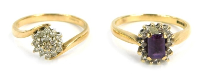 Two 9ct gold cluster rings, one set with amethyst and CZ on a raised basket setting, ring size O&frac12;, and a three layer floral cluster, ring size N, 4.9g all in. (2)