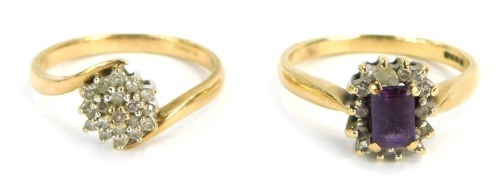 Two 9ct gold cluster rings, one set with amethyst and CZ on a raised basket setting, ring size O&frac12;, and a three layer floral cluster, ring size N, 4.9g all in. (2)