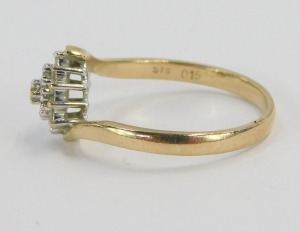 Two 9ct gold cluster rings, one set with amethyst and CZ on a raised basket setting, ring size O&frac12;, and a three layer floral cluster, ring size N, 4.9g all in. (2) - 2