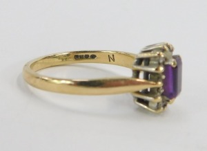 Two 9ct gold cluster rings, one set with amethyst and CZ on a raised basket setting, ring size O&frac12;, and a three layer floral cluster, ring size N, 4.9g all in. (2) - 4