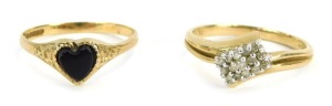 Two 9ct gold dress rings, one with heart shaped centre set with black agate, ring size L and a another set with CZ's on twist design, ring size K&frac12;, 2.9g all in. (2)