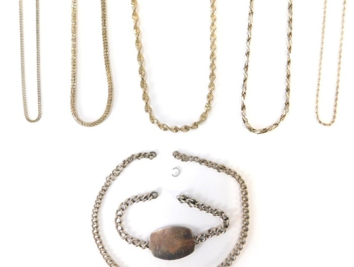 A group of silver chains, to include a modern wave design silver chain, 60cm long a multi-link twist design chain, 44cm long, a Figaro type chain, 44cm long and two curb lined chains, 40cm long and 44cm long, together with a silver identity bracelet for F