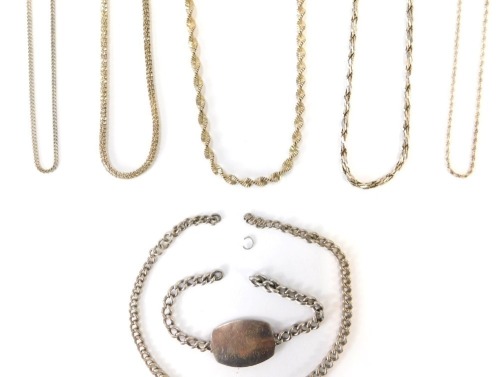 A group of silver chains, to include a modern wave design silver chain, 60cm long a multi-link twist design chain, 44cm long, a Figaro type chain, 44cm long and two curb lined chains, 40cm long and 44cm long, together with a silver identity bracelet for F