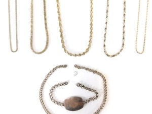 A group of silver chains, to include a modern wave design silver chain, 60cm long a multi-link twist design chain, 44cm long, a Figaro type chain, 44cm long and two curb lined chains, 40cm long and 44cm long, together with a silver identity bracelet for F