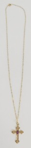 A 9ct gold crucifix pendant and chain, the crucifix set with oval amethyst in claw setting, on a fine link neck chain, the pendant, 4cm high, the chain 40cm long, 0.9g all in. - 3
