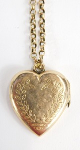 A 9ct gold heart shaped locket and chain, the heart shaped locket with vine detail, 3cm high, on a curb link neck chain with barrel clasp, 56cm long, 8.4g all in. - 3