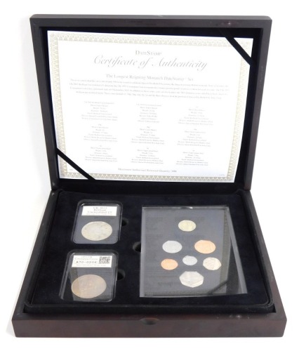 A Royal Mint Longest Reigning Monarch Datestamp set, with certificate of authenticity, limited edition of 950, in presentation case., comprising 1953 UK Coronation crown, UK 2015 Brilliant uncirculated &pound;5 coin and a coin set for the boxed year.