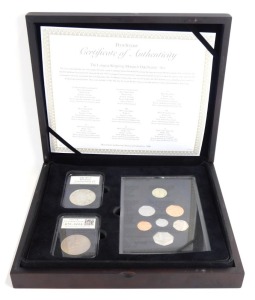 A Royal Mint Longest Reigning Monarch Datestamp set, with certificate of authenticity, limited edition of 950, in presentation case., comprising 1953 UK Coronation crown, UK 2015 Brilliant uncirculated &pound;5 coin and a coin set for the boxed year.