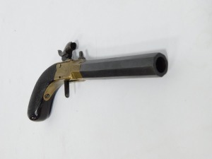 A 19thC box lock percussion pistol, with retractable trigger, octagonal steel barrel, brass lock, and walnut handle, 20cm. - 2