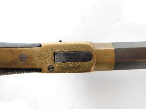 A 19thC box lock percussion pistol, with retractable trigger, octagonal steel barrel, brass lock, and walnut handle, 20cm. - 6