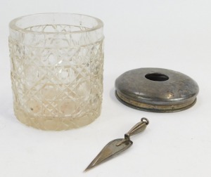 A silver topped dressing table jar and a miniature silver trowel, weighable silver &frac34;oz. - 2
