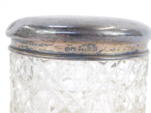 A silver topped dressing table jar and a miniature silver trowel, weighable silver &frac34;oz. - 3