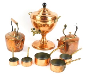 A group of copperwares, comprising a copper samovar, 25cm high, two copper kettles, and a set of five miniature saucepans. (4)