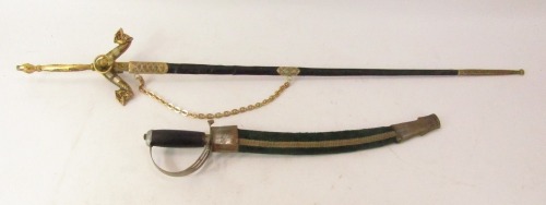 Two ornamental swords, comprising a court sword with leather scabbard, and an Indian short sabre, 90cm and 49cm long. (2)