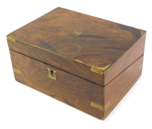A 19thC walnut writing slope, with brass bound supports and a fitted interior, 15cm high, 30cm wide, 22cm deep. (AF)