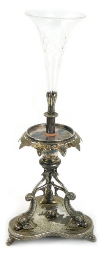 An Elkington plate epergne, with fluted glass vase, on relief cast dolphin, triform base, 52cm high.