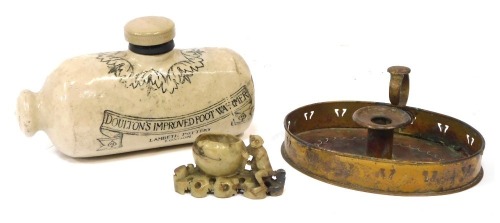 Ceramics and effects, comprising a Royal Doulton stoneware hot water bottle, 21cm diameter, a soapstone vase, 5cm high, and a brass chamberstick, 19cm high. (3)