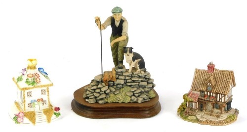 Collectable ceramics, comprising a Coalport Summer House, 12cm high, a Lilliput Lane Michael Gate Antiques, 10cm high, and a Border Fine Arts figures group of a man and sheep dog, on wooden plinth base, 20cm high, entitled Great and Small. (3)