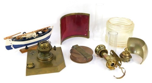 Ship related wares, comprising a ship's lantern, hanging lantern and a wooden yacht. (1 tray)