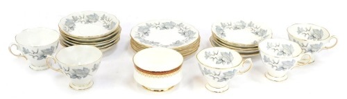 A Royal Albert Silver Maple pattern part tea service, comprising five tea cups, eleven saucers, six side plates and a Royal Albert Holyrod sugar bowl.