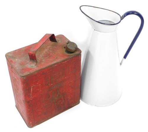 A Shell Motor Spirit oil can, 35cm high, and an enamel jug 54cm high. (2)