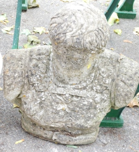 A reconstituted stone bust of a military gentleman, 54cm high, 42cm wide.