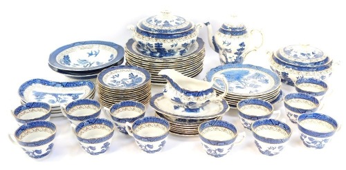 A set of Booths Old Willow wares, comprising two tureens, teapot, twelve cups and saucers, four half moon plates, five side plates, twelve dinner plates and two large serving bowls, together with a set of Lighter print pattern wares, one cake plate and si