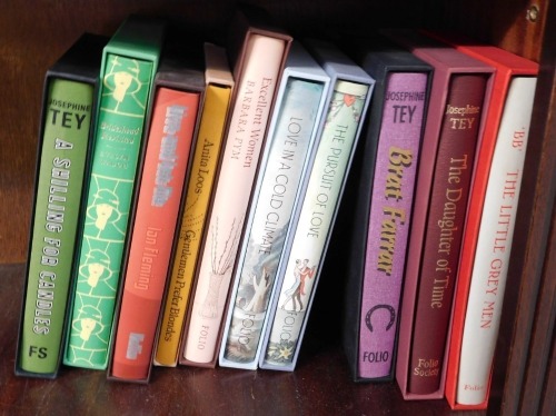 Folio Society. Josephine Tey A Shilling for Candles, Brat Farrar, The Daughter of Time, The Little Grey man, Love in a Cold Climate, The Pursuit of Love, Excellent Women, Gentleman Prefer Blondes, Ian Fleming Live and Let Die, Bride's Head Revisited, all 