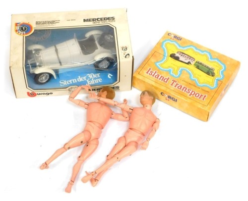 A Burago Mercedes Benz SSKL 1931, Corgi Island transport Jersey Bedford set and two Action Man dolls. (4)