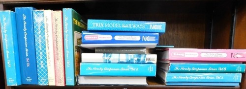 Seven New Cavandish Meccano and Hornby books, comprising The Hornby Companion Series volume 7, 7A, 6, 1, 4, 8, 3, 5, and 2, together with Meccano Magazine Annual, Triang Railways, Hornby Railways, Tricks Model Railways, etc. (1 shelf)
