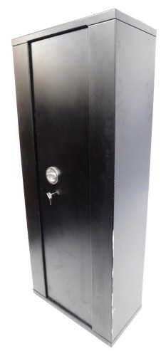 A metal wall mounting gun cabinet, with apertures to house ten guns, 161cm high, 66cm wide, 35cm deep.