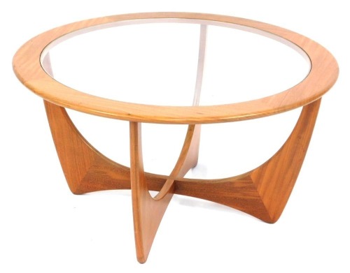 A G-plan teak circular coffee table, with glass insert on X framed base, 84cm diameter, 46cm high.